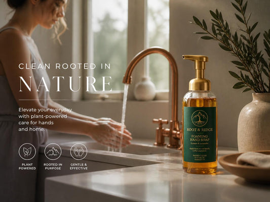 Woman washing her hands at a sink beside a bottle of Root & Ridge plant-powered foaming hand soap