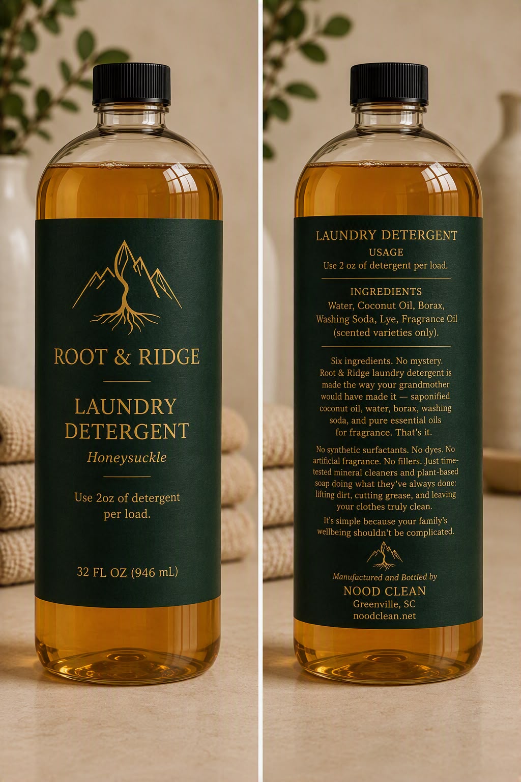 Front and back labels of Root & Ridge Honeysuckle laundry detergent, 32 fl oz bottle, showing six ingredients
