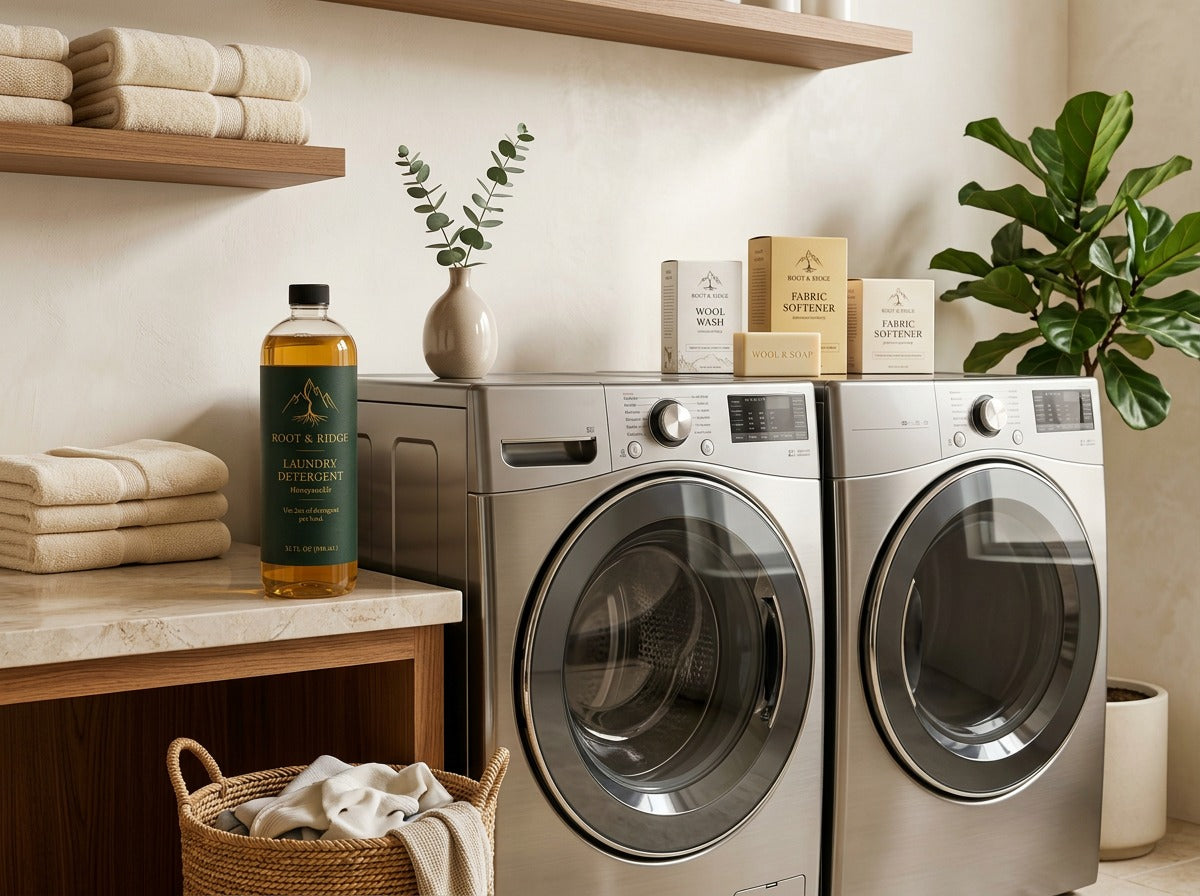Bottle of Root & Ridge natural laundry detergent on a counter beside a front-loading washer and dryer