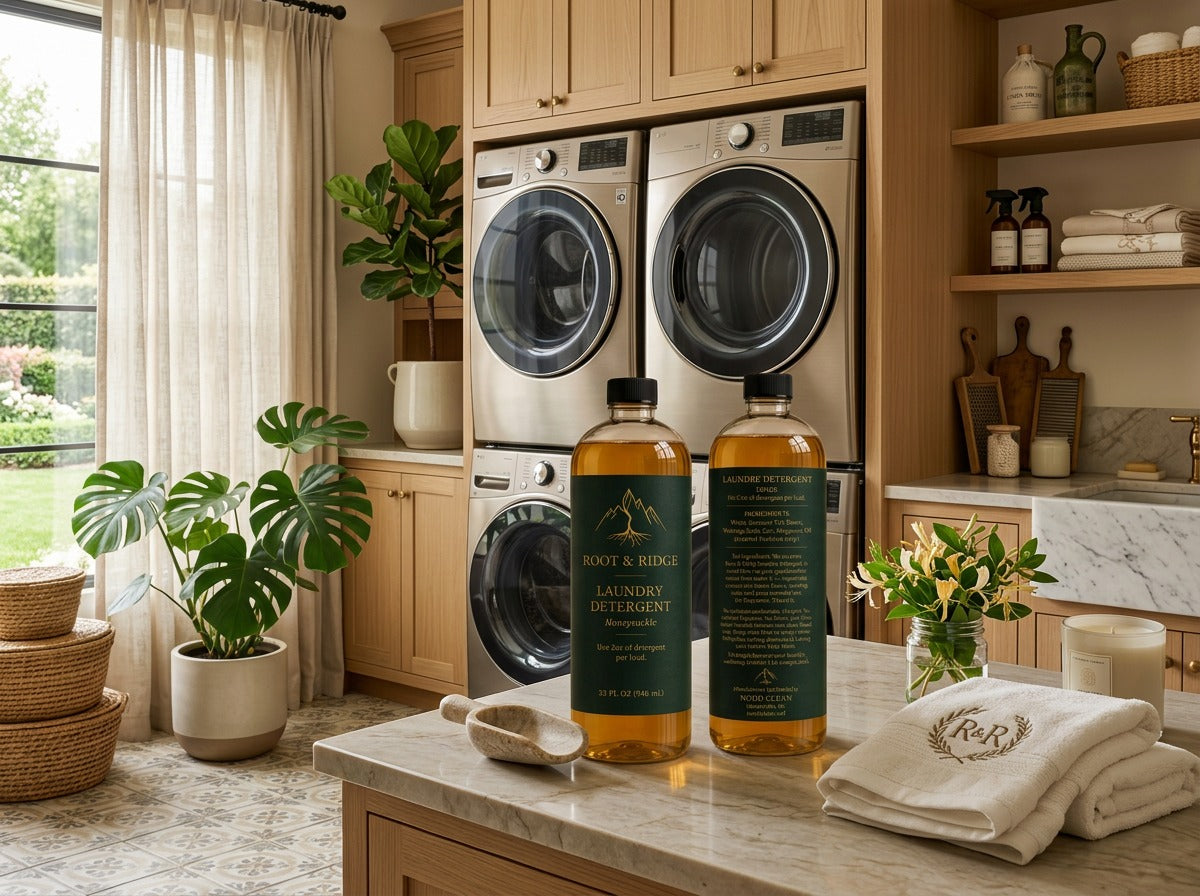 Front and back of two Root & Ridge laundry detergent bottles on a marble counter in a stylish laundry room