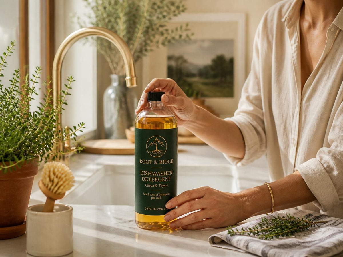 Hand holding a bottle of Root & Ridge natural dishwasher detergent on a marble kitchen counter