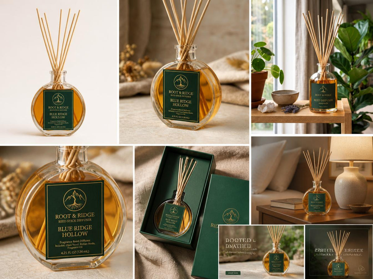 Collage of the Root & Ridge Blue Ridge Hollow reed diffuser in home settings and in its green gift box