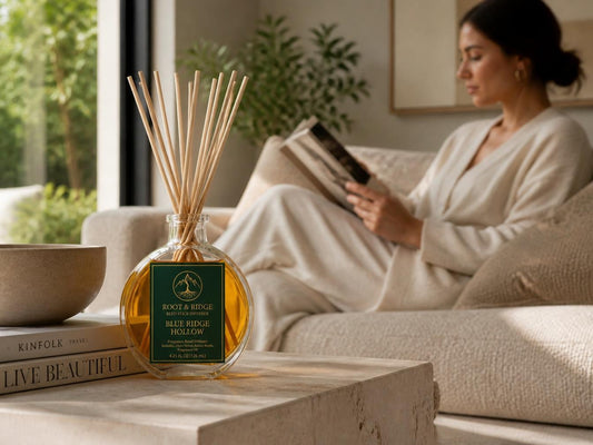 Root & Ridge Blue Ridge Hollow reed diffuser with rattan reeds on a stone coffee table in a calm living room