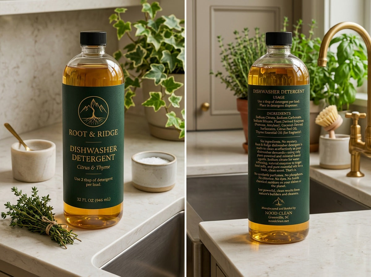 Front and back labels of a Root & Ridge dishwasher detergent bottle showing ingredients and directions