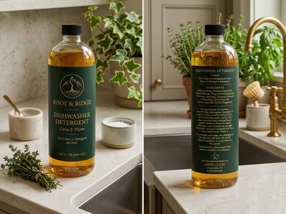 Front and back labels of a Root & Ridge dishwasher detergent bottle showing ingredients and directions