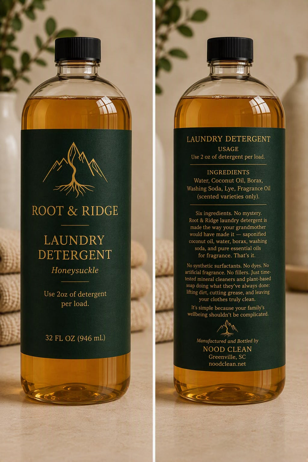 Front and back labels of Root & Ridge Honeysuckle laundry detergent, 32 fl oz bottle, showing six ingredients