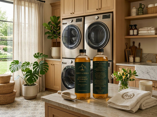 Front and back of two Root & Ridge laundry detergent bottles on a marble counter in a stylish laundry room