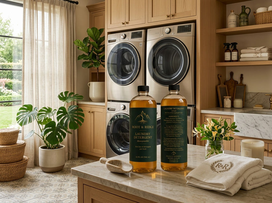 Front and back of two Root & Ridge laundry detergent bottles on a marble counter in a stylish laundry room