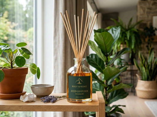Root & Ridge reed stick diffuser in a glass bottle on a wooden shelf surrounded by houseplants